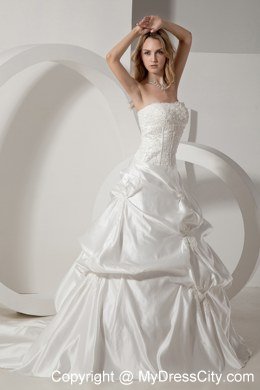 Chapel Train Taffeta Wedding Dress with Appliques and Pick-ups