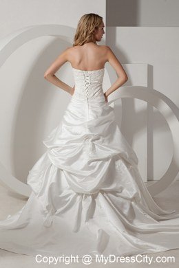 Chapel Train Taffeta Wedding Dress with Appliques and Pick-ups