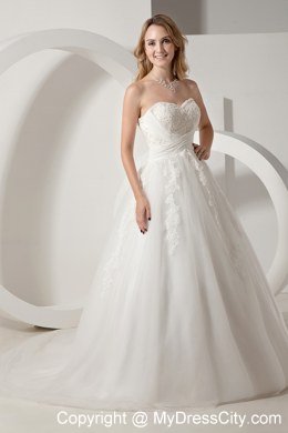 A-line Sweetheart Court Train 2013 Wedding Dress with Lace