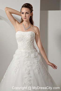 Modest Strapless Court Train Wedding Dress with Tulle Lace