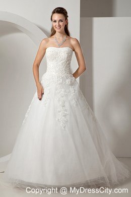 Modest Strapless Court Train Wedding Dress with Tulle Lace