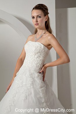 Modest Strapless Court Train Wedding Dress with Tulle Lace