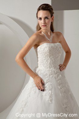 Modest Strapless Court Train Wedding Dress with Tulle Lace