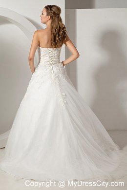 Modest Strapless Court Train Wedding Dress with Tulle Lace