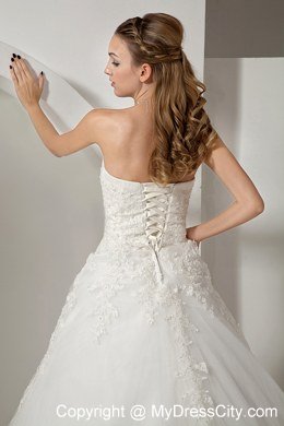 Modest Strapless Court Train Wedding Dress with Tulle Lace