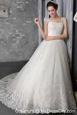 Elegant A-Line Square Chapel Train Lace Appliques Wedding Dress