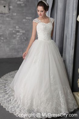 Elegant A-Line Square Chapel Train Lace Appliques Wedding Dress