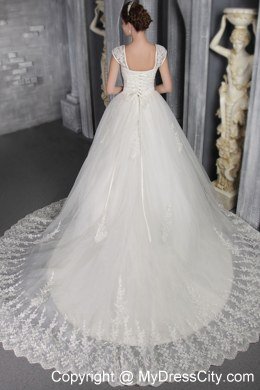 Elegant A-Line Square Chapel Train Lace Appliques Wedding Dress