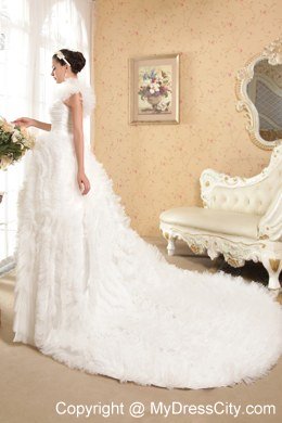 Ball Gown One Shoulder Chapel Train Ruffles Tulle Wedding Dress