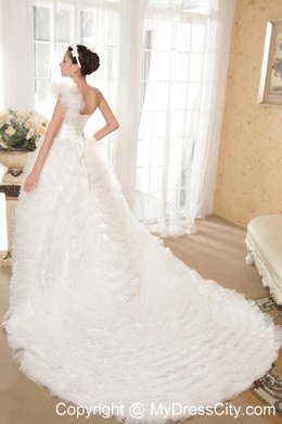 Ball Gown One Shoulder Chapel Train Ruffles Tulle Wedding Dress