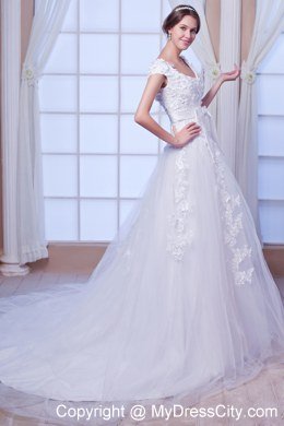 Cheap Square Chapel Train Tulle Embroidery Wedding Dress