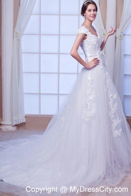 Cheap Square Chapel Train Tulle Embroidery Wedding Dress