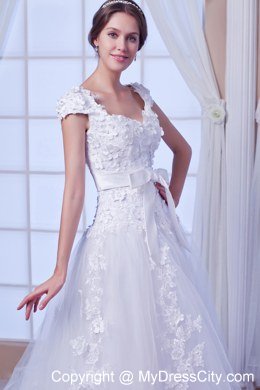 Cheap Square Chapel Train Tulle Embroidery Wedding Dress