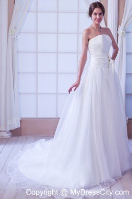 Elegant Strapless Court Train Organza Sashes Wedding Gown