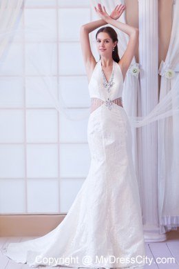 Halter Watteau Train 2013 Lace Wedding Dress with Side Cut Out