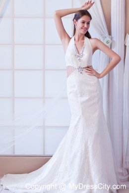 Halter Watteau Train 2013 Lace Wedding Dress with Side Cut Out