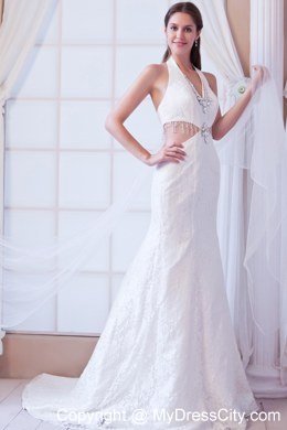 Halter Watteau Train 2013 Lace Wedding Dress with Side Cut Out