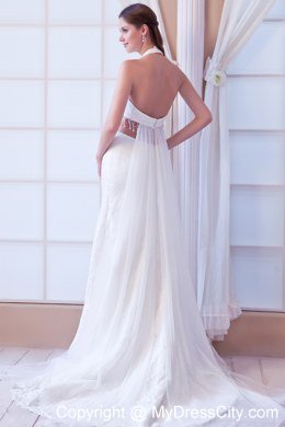 Halter Watteau Train 2013 Lace Wedding Dress with Side Cut Out