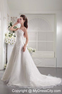 A-Line Strapless Court Train Embroidery Organza Bridal Dress