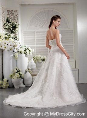 A-Line Strapless Court Train Embroidery Organza Bridal Dress