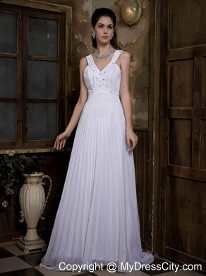 Plus Size V-neck Watteau Train Pleat and Beading Wedding Dress