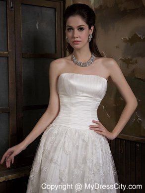 Cute A-line Strapless Knee-length Satin and Lace Wedding Dress