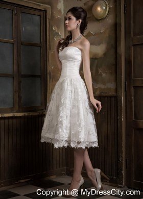 Cute A-line Strapless Knee-length Satin and Lace Wedding Dress