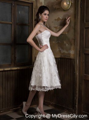 Cute A-line Strapless Knee-length Satin and Lace Wedding Dress