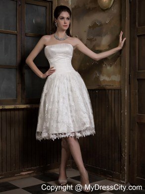 Cute A-line Strapless Knee-length Satin and Lace Wedding Dress