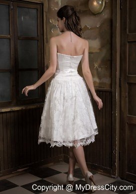 Cute A-line Strapless Knee-length Satin and Lace Wedding Dress