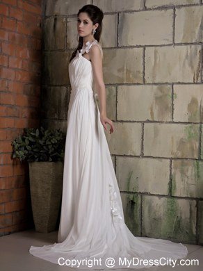 2013 Simple Flowers One Shoulder Chiffon Ruches Wedding Dress