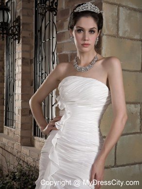 Elegant Column Strapless Long Chiffon Ruches Wedding Dress