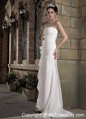 Elegant Column Strapless Long Chiffon Ruches Wedding Dress