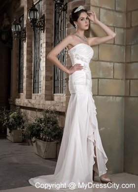 Elegant Column Strapless Long Chiffon Ruches Wedding Dress