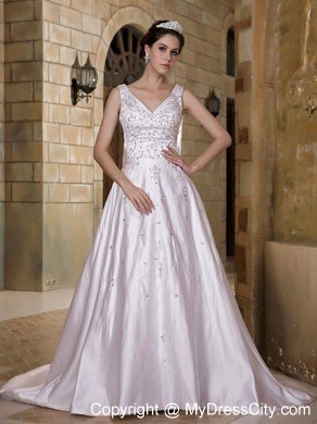 Luxurious A-line V-neck Taffeta Beading Wedding Dress for 2013