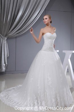 Lace Ruches Sweetheart Chapel Train 2013 Wedding Dress