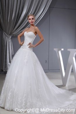 Lace Ruches Sweetheart Chapel Train 2013 Wedding Dress