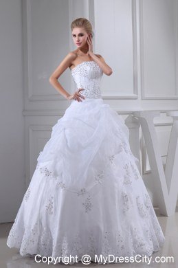 Appliques Beading Strapless Ball Gown Pick-ups Wedding Dress