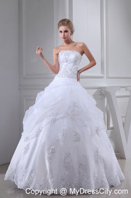 Appliques Beading Strapless Ball Gown Pick-ups Wedding Dress