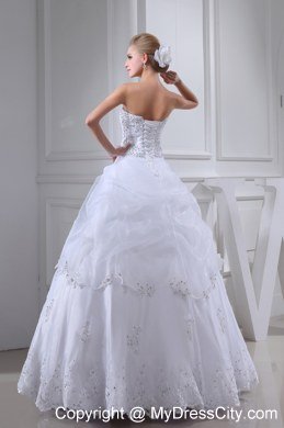 Appliques Beading Strapless Ball Gown Pick-ups Wedding Dress