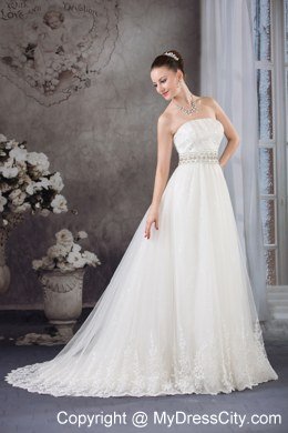 A-line Strapless Beading Belt Lace Wedding Dress for Cheap