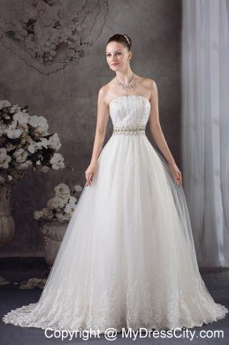 A-line Strapless Beading Belt Lace Wedding Dress for Cheap