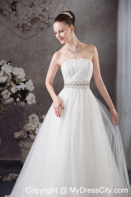 A-line Strapless Beading Belt Lace Wedding Dress for Cheap