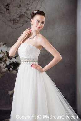 A-line Strapless Beading Belt Lace Wedding Dress for Cheap