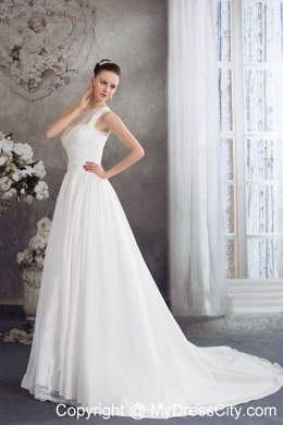 Simple One Shoulder Ruches Lace Court Train Wedding Dress