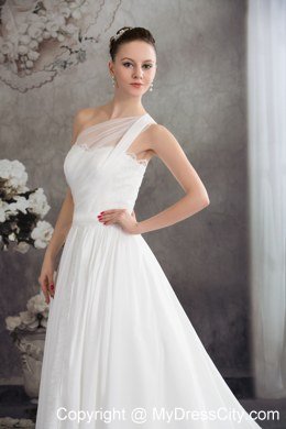 Simple One Shoulder Ruches Lace Court Train Wedding Dress