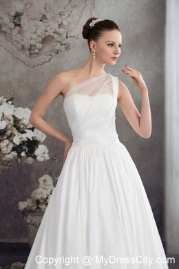 Simple One Shoulder Ruches Lace Court Train Wedding Dress