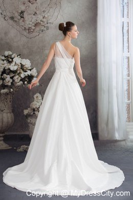 Simple One Shoulder Ruches Lace Court Train Wedding Dress