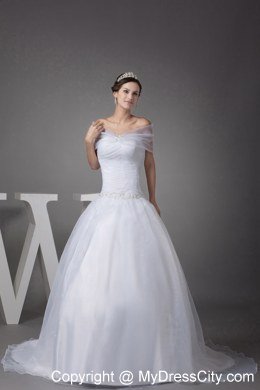 Off The Shoulder Court Train Appliques Ball Gown Wedding Dress