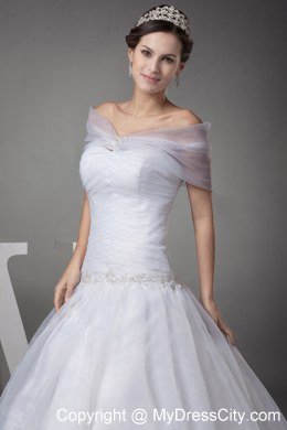 Off The Shoulder Court Train Appliques Ball Gown Wedding Dress